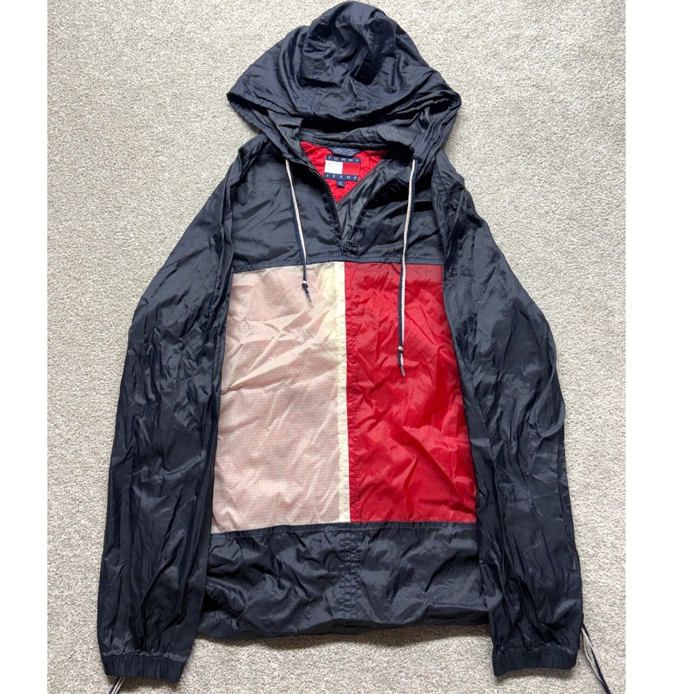 Tommy Jeans‎ Mens Colorblock Windbreaker Navy Red White Hooded Half Zip Jacket M
